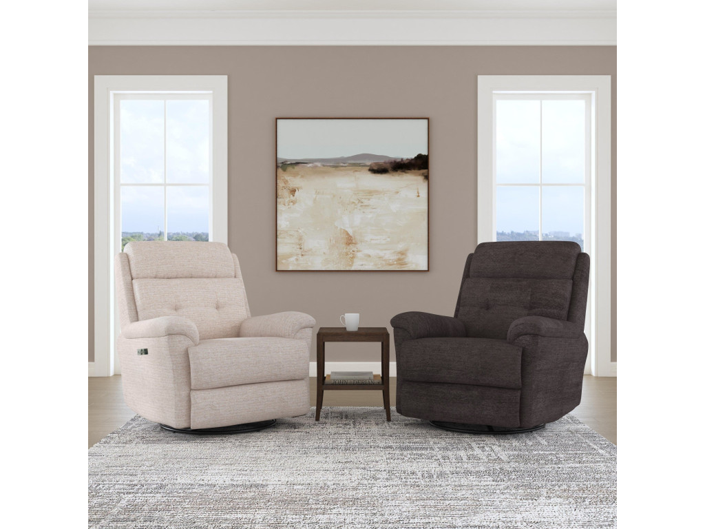 Sophisticated Oat Fabric Perfect Match Power Swivel Gliding Recliner with Power Headrest & Lumbar
