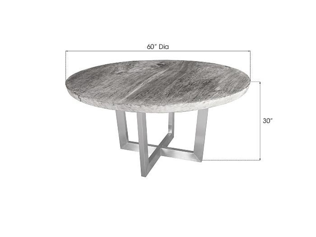 Chuleta Round Dining Table on Stainless Steel Base, Gray Stone
