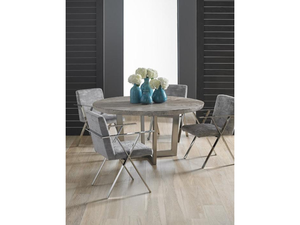 Chuleta Round Dining Table on Stainless Steel Base, Gray Stone