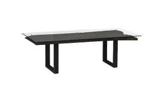 Chainsaw Dining Table with Glass, Burnt Black, Black Iron U Legs