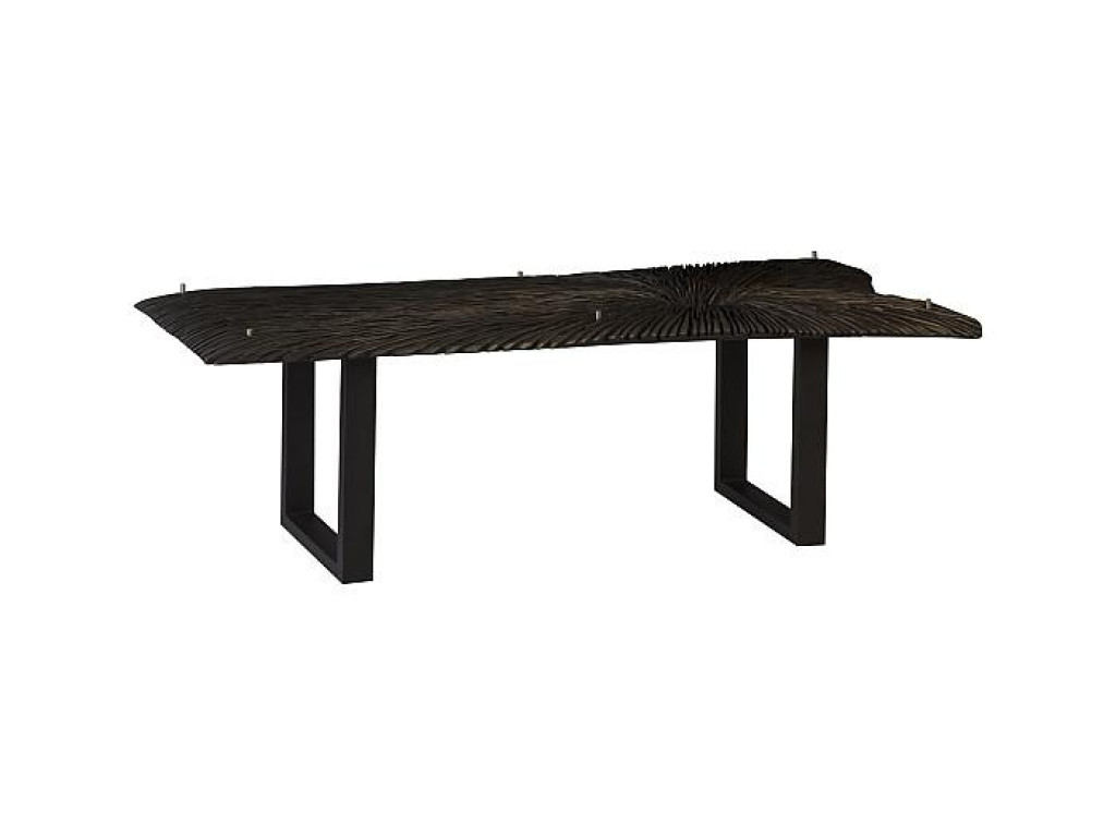 Chainsaw Dining Table with Glass, Burnt Black, Black Iron U Legs